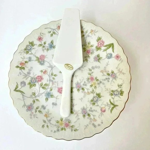 ANDREA by SADEK,Cake Plate Server Scalloped Rim & Gold Gilt Edge, 2 Piece Set - Picture 12 of 12